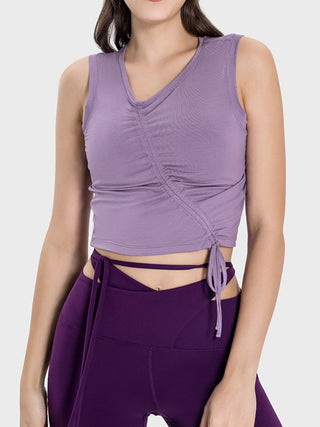 Shop Lavender Millennia Drawstring Ruched Wide Strap Active Tank - High-Quality U.S. Made Women’s Fashion with Free & Fast Shipping