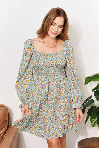 Shop Floral Smocked Flounce Sleeve Square Neck Dress - High-Quality U.S. Made Women’s Fashion with Free & Fast Shipping