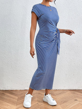 Shop Honey Tied Striped Round Neck Short Sleeve Tee Dress - High-Quality U.S. Made Women’s Fashion with Free Fast Shipping