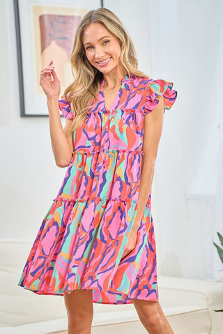 Shop First Love Full Size Printed Ruffle Cap Sleeve Tiered Dress - High-Quality U.S. Made Women’s Fashion with Free & Fast Shipping