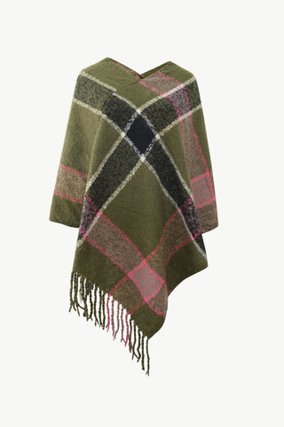 Shop Plaid Fringe Detail Poncho - High-Quality U.S. Made Women’s Fashion with Free Fast Shipping