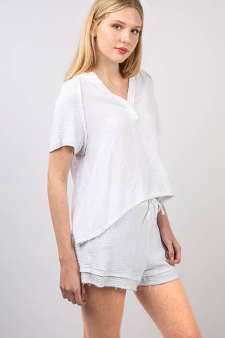 Shop VERY J Washed Cotton Crinkle Gauze Top and Shorts Set - High-Quality U.S. Made Women’s Fashion with Free & Fast Shipping