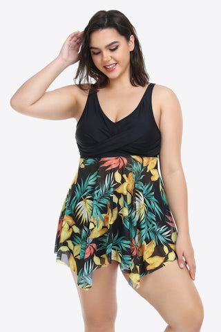 Shop Plus Size Floral Two-Tone Asymmetrical Hem Two-Piece Swimsuit - High-Quality U.S. Made Women’s Fashion with Free & Fast Shipping