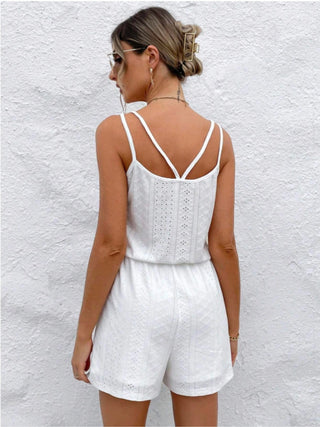 Shop Eyelet Scoop Neck Double Spaghetti Straps Romper - High-Quality U.S. Made Women’s Fashion with Free Fast Shipping