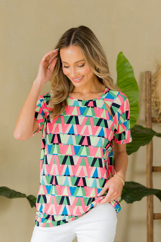 Shop Green N.Pink Sew In Love Full Size Geometric Round Neck Top - High-Quality U.S. Made Women’s Fashion with Free & Fast Shipping