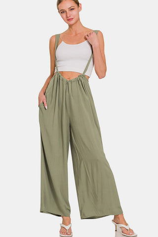 Shop Lt Olive Zenana Pocketed Wide Strap Wide Leg Overalls - High-Quality U.S. Made Women’s Fashion with Free & Fast Shipping