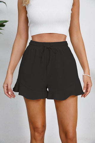 Shop Black Full Size Drawstring Ruffle Hem Shorts - High-Quality U.S. Made Women’s Fashion with Free & Fast Shipping