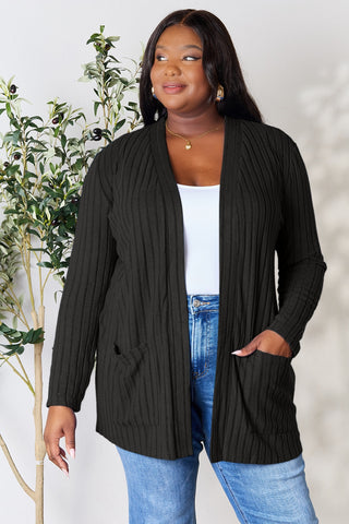 Shop Black Basic Bae Full Size Ribbed Open Front Cardigan with Pockets - High-Quality U.S. Made Women’s Fashion with Free & Fast Shipping