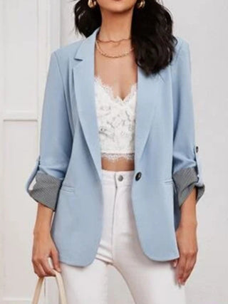 Shop Light Blue Lapel Collar Roll-Tab Sleeve Blazer - High-Quality U.S. Made Women’s Fashion with Free & Fast Shipping