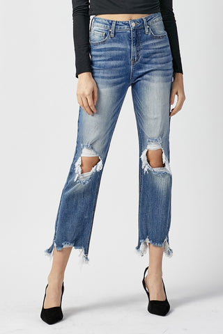 Shop RISEN High Waist Distressed Frayed Hem Cropped Straight Jeans - High-Quality U.S. Made Women’s Fashion with Free & Fast Shipping