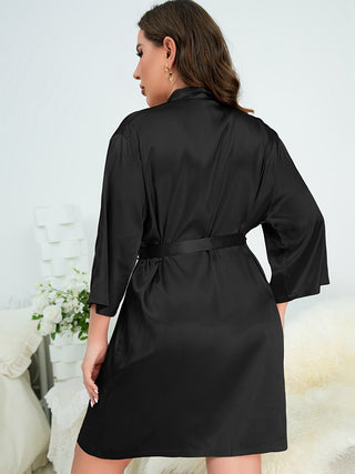 Shop Plus Size Surplice Neck Tie Waist Robe - High-Quality U.S. Made Women’s Fashion with Free & Fast Shipping