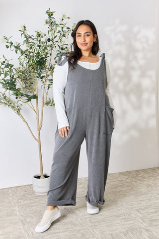 Shop Dark Gray Celeste Full Size Ribbed Tie Shoulder Sleeveless Ankle Overalls - High-Quality U.S. Made Women’s Fashion with Free & Fast Shipping