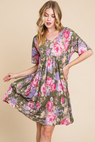 Shop BOMBOM Flower Print V-Neck Ruched Dress - High-Quality U.S. Made Women’s Fashion with Free & Fast Shipping