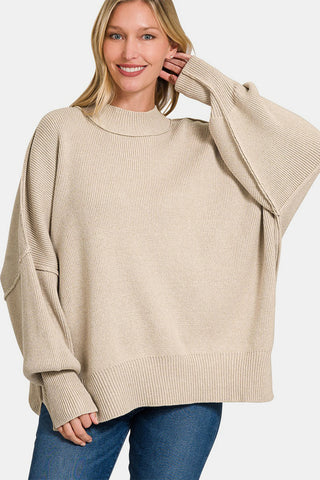 Shop H Beige Zenana Side Sit Oversize Sweater - High-Quality U.S. Made Women’s Fashion with Free & Fast Shipping