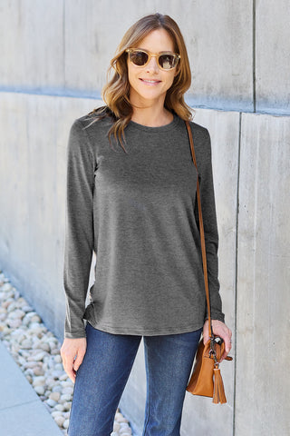 Shop Dark Gray Basic Bae Full Size Round Neck Long Sleeve Top - High-Quality U.S. Made Women’s Fashion with Free & Fast Shipping