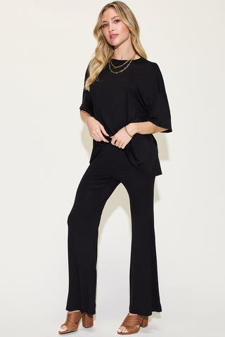 Shop Basic Bae Full Size Bamboo Drop Shoulder T-Shirt and Flare Pants Set - High-Quality U.S. Made Women’s Fashion with Free Fast Shipping