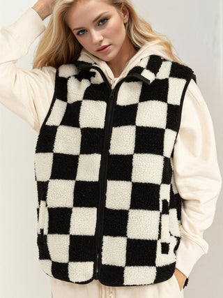 Shop Double Take Full Size Zip Up Checkered Vest Cost - High-Quality U.S. Made Women’s Fashion with Free Fast Shipping