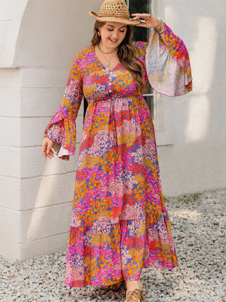 Shop Plus Size Printed V-Neck Long Sleeve Maxi Dress - High-Quality U.S. Made Women’s Fashion with Free Fast Shipping