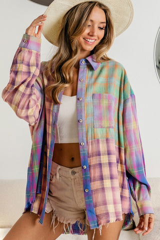 Shop Blush Multi BiBi Plaid Color Block Button Up Shirt - High-Quality U.S. Made Women’s Fashion with Free & Fast Shipping