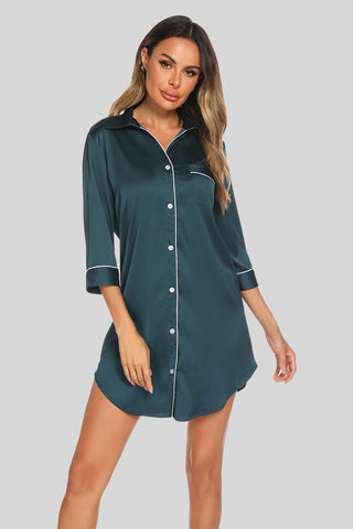 Shop Deep Teal Button Up Collared Neck Night Dress with Pocket - High-Quality U.S. Made Women’s Fashion with Free & Fast Shipping