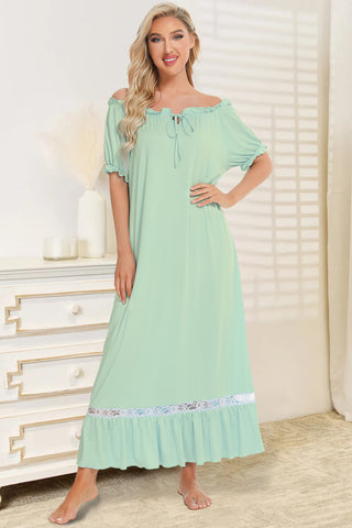 Shop Light Green Lace Detail Short Sleeve Lounge Dress - High-Quality U.S. Made Women’s Fashion with Free & Fast Shipping