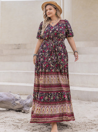 Shop Plus Size Printed V-Neck Short Sleeve Maxi Dress - High-Quality U.S. Made Women’s Fashion with Free Fast Shipping