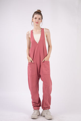 Shop Brick VERY J Plunge Sleeveless Jumpsuit with Pockets - High-Quality U.S. Made Women’s Fashion with Free & Fast Shipping