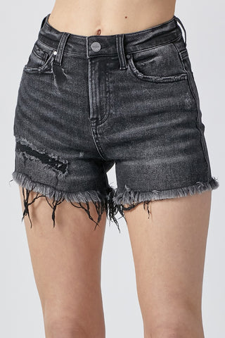 Shop Black RISEN Raw Hem Denim Shorts with Pockets - High-Quality U.S. Made Women’s Fashion with Free & Fast Shipping