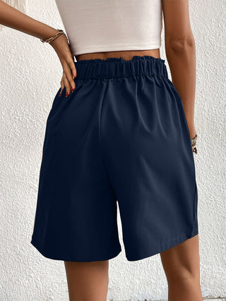 Shop Dark Blue Pocketed Half Elastic Waist Shorts - High-Quality U.S. Made Women’s Fashion with Free & Fast Shipping