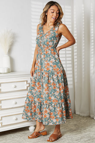 Shop Floral V-Neck Tiered Sleeveless Dress - High-Quality U.S. Made Women’s Fashion with Free & Fast Shipping