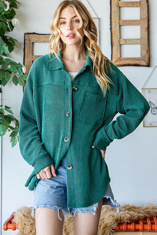 Shop HUNTER GREEN Reborn J Striped Button Up Long Sleeve Shacket - High-Quality U.S. Made Women’s Fashion with Free & Fast Shipping