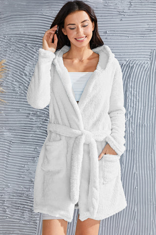 Shop Fuzzy Tied Pocketed Hooded Lounge Nightgown - High-Quality U.S. Made Women’s Fashion with Free Fast Shipping