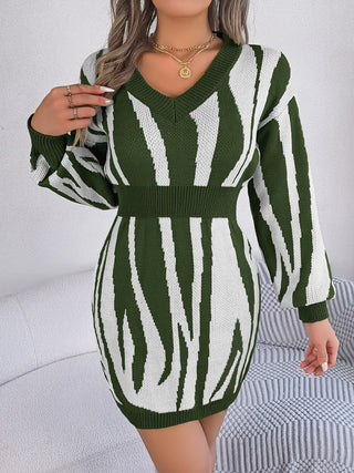 Shop Animal Print V-Neck Long Sleeve Sweater Dress - High-Quality U.S. Made Women’s Fashion with Free & Fast Shipping