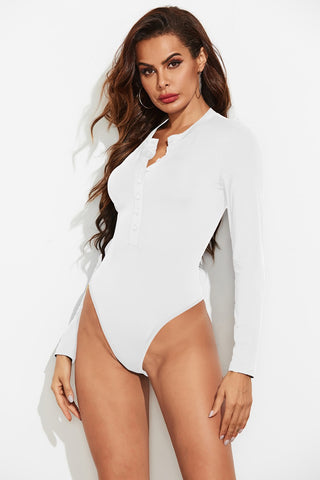 Shop White Half Button Round Neck Long Sleeve Bodysuit - High-Quality U.S. Made Women’s Fashion with Free & Fast Shipping