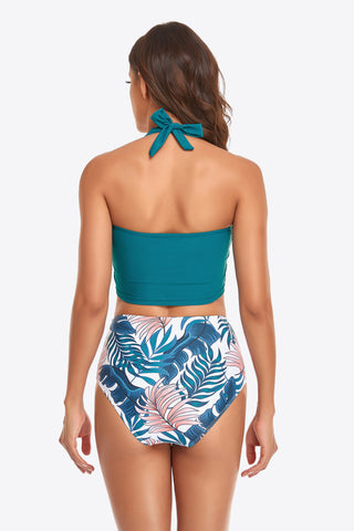 Shop Botanical Print Halter Neck Drawstring Detail Bikini Set - High-Quality U.S. Made Women’s Fashion with Free & Fast Shipping