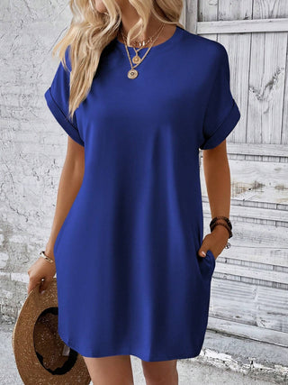 Shop Dark Blue Round Neck Short Sleeve Mini Dress - High-Quality U.S. Made Women’s Fashion with Free & Fast Shipping