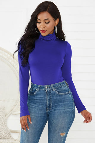 Shop Royal Blue Turtleneck Long Sleeve Bodysuit - High-Quality U.S. Made Women’s Fashion with Free & Fast Shipping