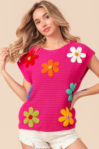 Shop Fuchsia Multi BiBi Flower Round Neck Cap Sleeve Knit Top - High-Quality U.S. Made Women’s Fashion with Free & Fast Shipping