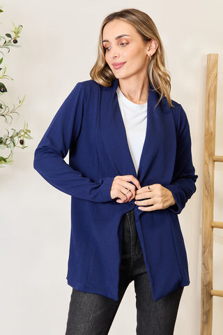 Shop Dark Blue Heimish Full Size Statement Neck Open Front Blazer - High-Quality U.S. Made Women’s Fashion with Free & Fast Shipping