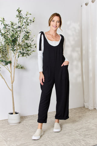 Shop Celeste Full Size Ribbed Tie Shoulder Sleeveless Ankle Overalls - High-Quality U.S. Made Women’s Fashion with Free & Fast Shipping