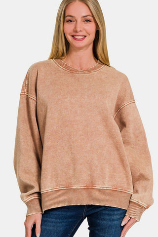 Shop Rust Zenana Acid Wash Oversized Fleece Sweatshirt - High-Quality U.S. Made Women’s Fashion with Free & Fast Shipping