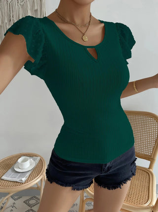 Shop Dark Green Swiss Dot Round Neck Cap Sleeve Top - High-Quality U.S. Made Women’s Fashion with Free & Fast Shipping