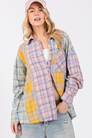 Shop Lavender SAGE + FIG Button Up Raw Hem Plaid Flannel Shirt - High-Quality U.S. Made Women’s Fashion with Free & Fast Shipping