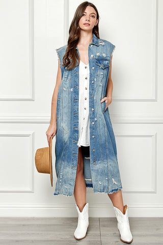 Shop MEDWASH Veveret Full Size Distressed Sleeveless Longline Denim Jacket - High-Quality U.S. Made Women’s Fashion with Free & Fast Shipping