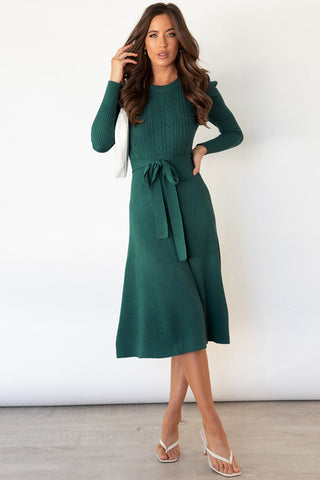 Shop Round Neck Long Sleeve Tie Waist Sweater Dress - High-Quality U.S. Made Women’s Fashion with Free Fast Shipping