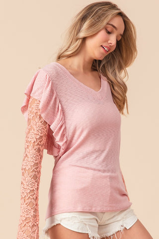 Shop BiBi Ruffled Lace Sleeve Rib Knit Top - High-Quality U.S. Made Women’s Fashion with Free & Fast Shipping