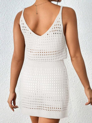 Shop White Openwork V-Neck Sleeveless Cover Up Dress - High-Quality U.S. Made Women’s Fashion with Free & Fast Shipping