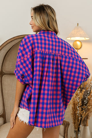 Shop BiBi Plaid Button Up Dolman Sleeve Shirt - High-Quality U.S. Made Women’s Fashion with Free & Fast Shipping