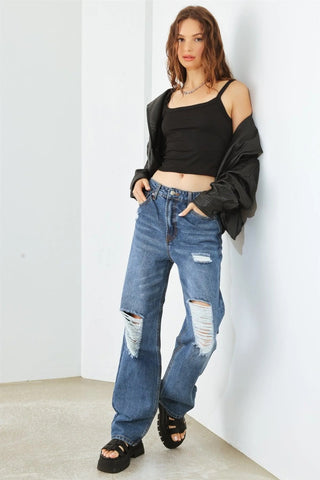 Shop HAMMER COLLECTION Distressed High Waist Jeans - High-Quality U.S. Made Women’s Fashion with Free & Fast Shipping