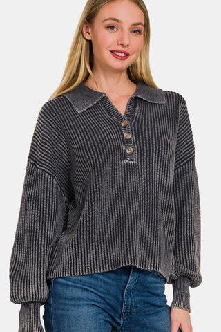 Shop Black Zenana Washed Half Button Long Sleeve Sweater - High-Quality U.S. Made Women’s Fashion with Free & Fast Shipping